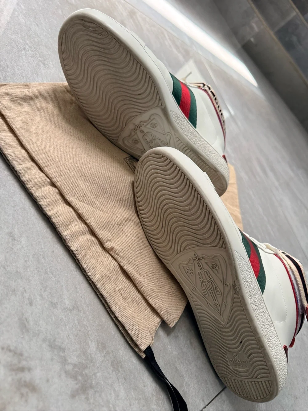 Gucci White High-Top Leather Sneakers with Green and Red Web Stripe